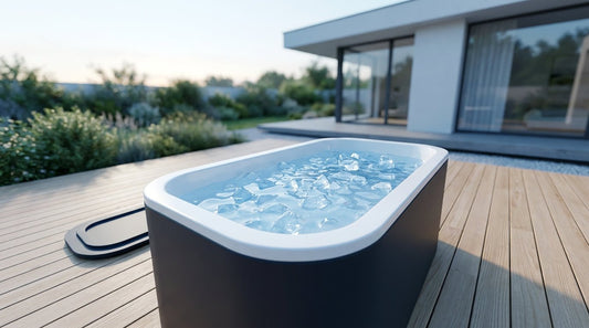 A portable ice bath filled with ice-cold water sits ready on a wooden outdoor deck surrounded by soft natural greenery in warm morning light.