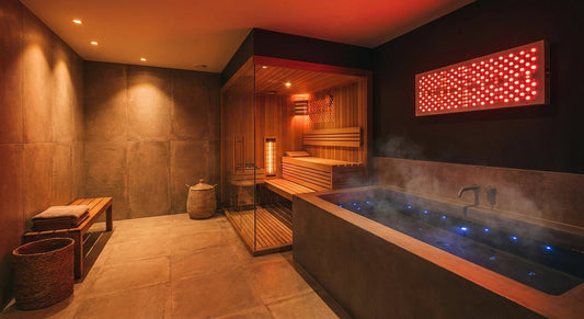 A modern home recovery space featuring a cedar sauna, cold plunge tub, and red light therapy panel arranged together in warm amber and red lighting.