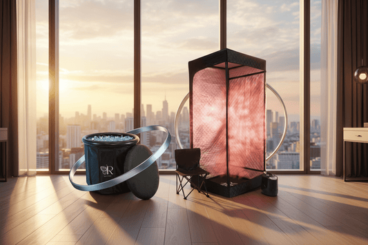 A portable ice bath and steam sauna tent set up side by side in a modern hotel room with a golden-hour cityscape visible through large windows.