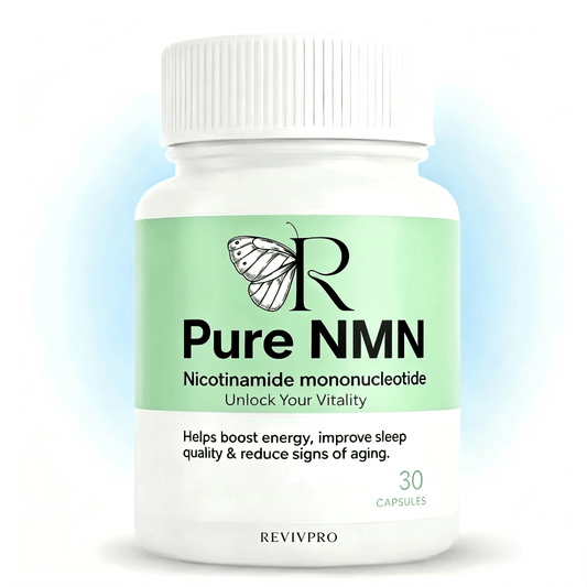Bottle of Pure NMN capsules with a green label on a white background