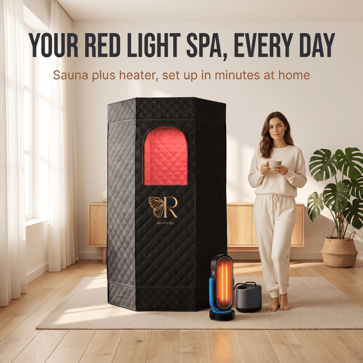 RevivPro red light steam sauna and ceramic tower heater set up in a modern home recovery room