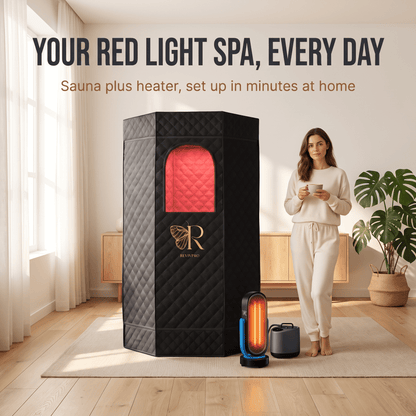 RevivPro red light steam sauna and ceramic tower heater set up in a modern home recovery room