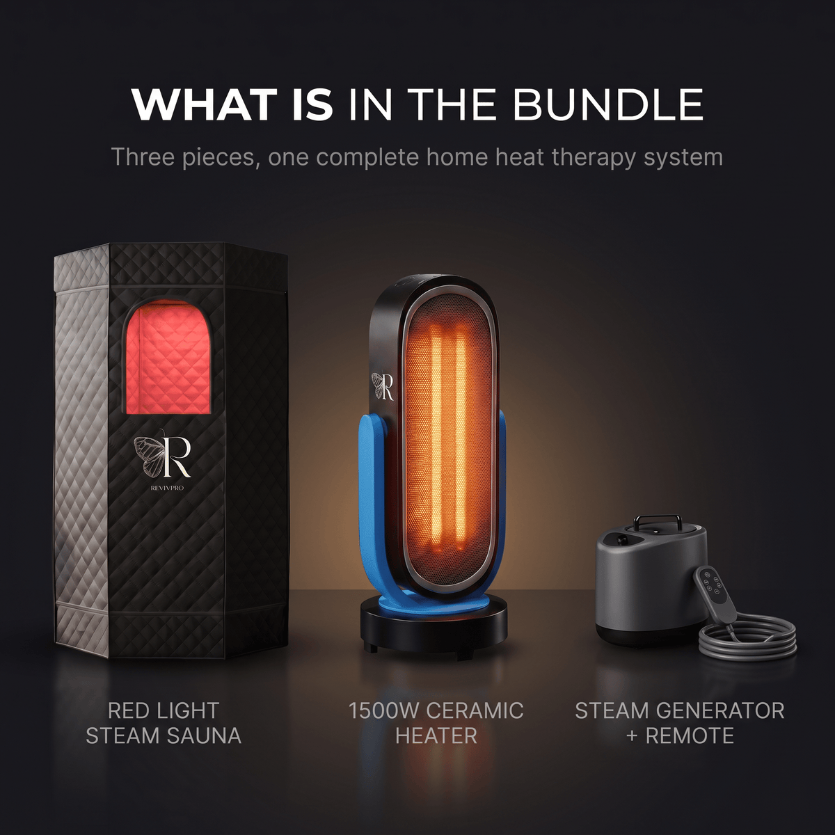 What is included in the RevivPro Red Light Sauna Bundle: steam sauna tent, steam generator, remote, 1500W ceramic heater